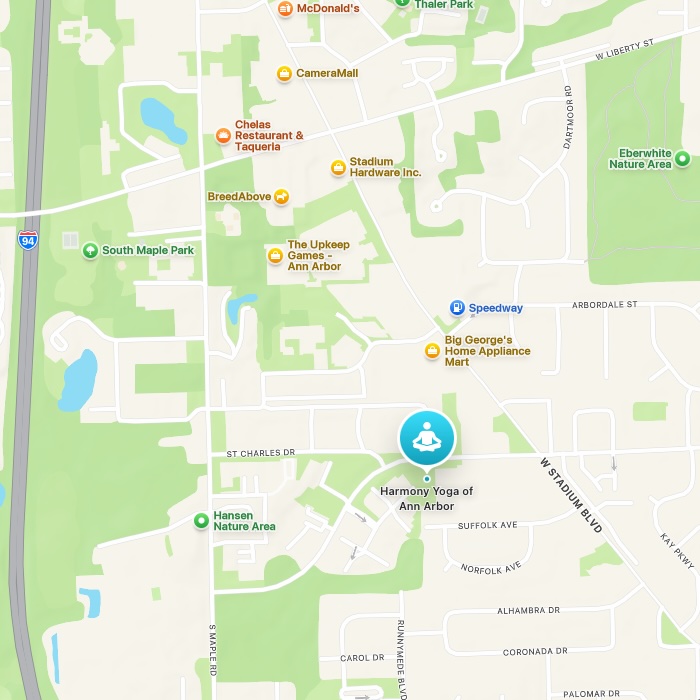 A map showing Harmony Yoga Studio on Pauline between Stadium and Maple.